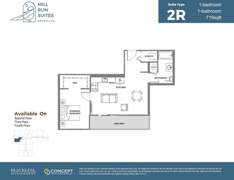 A floor plan for a 2 bedroom, 1 bathroom suite at Mill Run Suites.